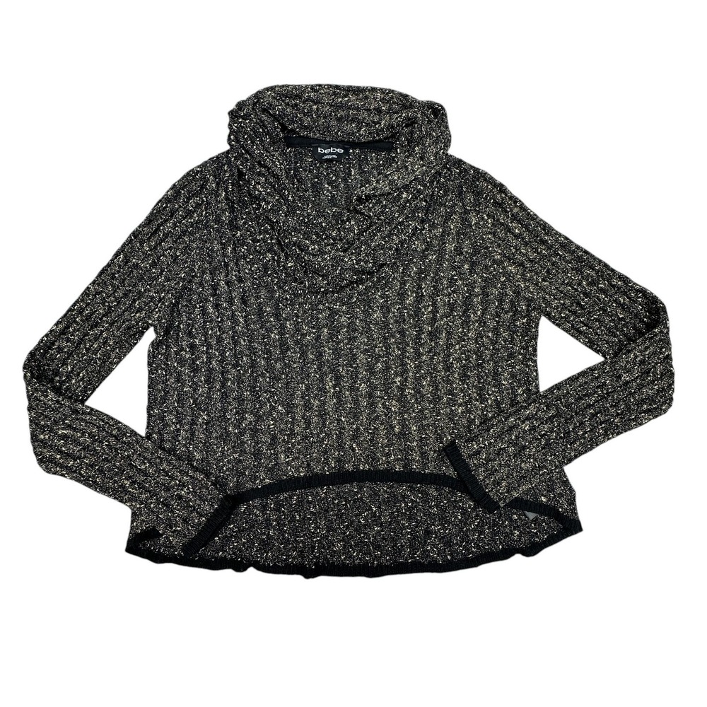 Bebe Sweater Womens Medium Black Gold Metallic Cowl Neck Knit Pullover Top